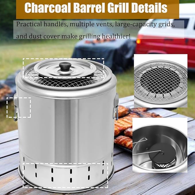 Portable Smokeless Barbecue Charcoal Barrel Grill, Stainless Steel Surround Charcoal Kebab Grill with 20 Skewers, 2-In-1 BBQ Grills for Outdoor Indoor Camping Picnics Gardens Parties