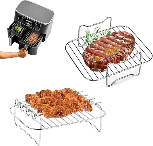 Air Fryer Double Layer Rack,Dual Air Fryer Accessories 304 Stainless Steel Skewer，Suitable 8-10 QT Air Duble Fryer,sutieable Air Fryer 4QT Above,Stackable Mesh Pan,Barbecue,(Grill with Skewer)