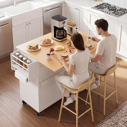 VEVOR Kitchen Island Cart with Storage, 46.06 in Wide Mobile Rolling Storage Island on Swivel Wheels, with Drawer, Storage Cabinet, Drop Leaf, Spice/Towel Rack, Table for Home Dining Room, White