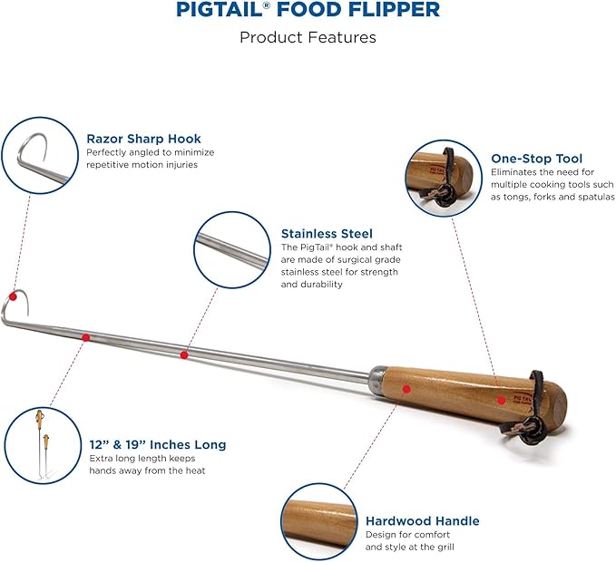 Jaccard Original Combo Pack with Wooden Gift Box, 12"/19", PigTail Food Flipper, Stainless Steel