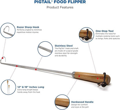 Jaccard Original Combo Pack with Wooden Gift Box, 12"/19", PigTail Food Flipper, Stainless Steel