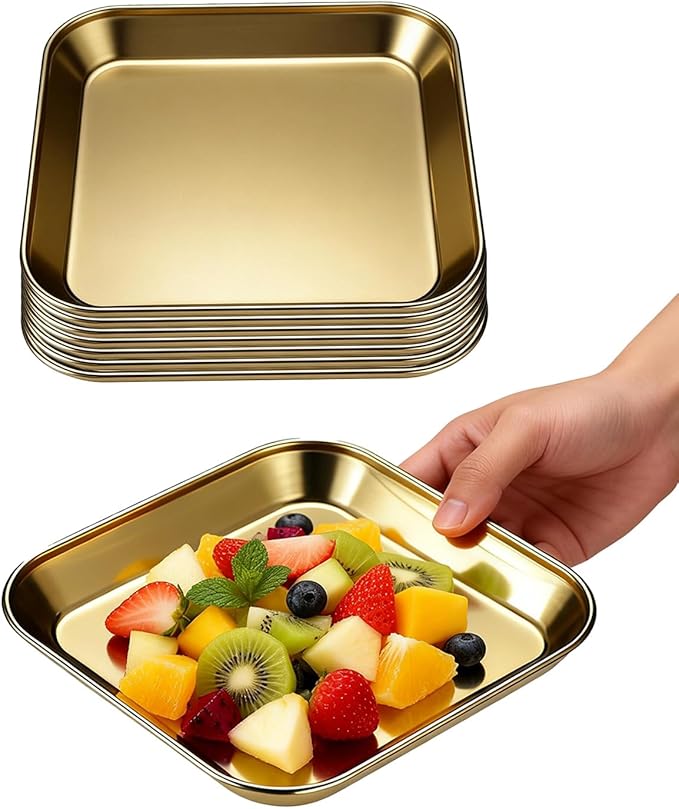 Stainless Steel Barbecue Plates,8 Pack 5.5 x 5.5 Inch Rectangular Grill Tray, Thickened Flat Bottom Korean BBQ Tableware, Golden Vegetable Dish for Sizzling or Camping Use