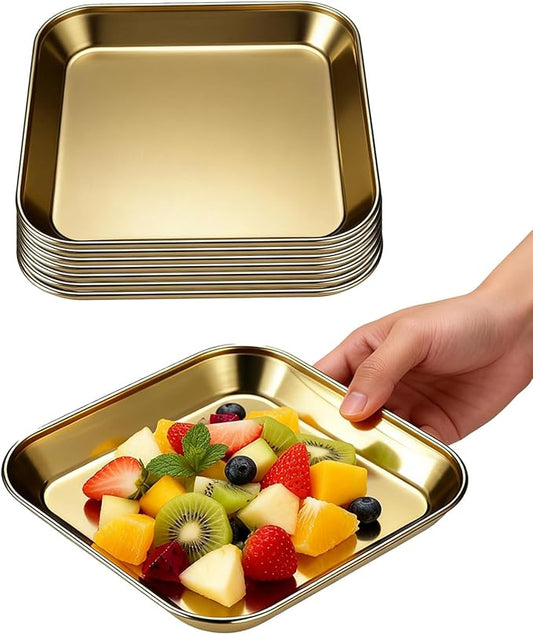 Stainless Steel Barbecue Plates,8 Pack 5.5 x 5.5 Inch Rectangular Grill Tray, Thickened Flat Bottom Korean BBQ Tableware, Golden Vegetable Dish for Sizzling or Camping Use