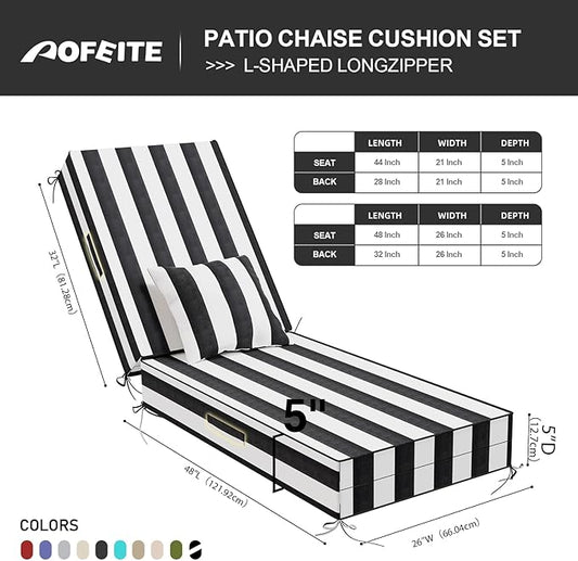 Outdoor Water-Resistant Olefin Chaise Lounge Cushions with Pillow, Weather and Fade Resistant Patio Furniture Lounge Chair Cushion Ideal for Patio, Lawn, Garden, Pinto, 80" L x 26" W x 5" T