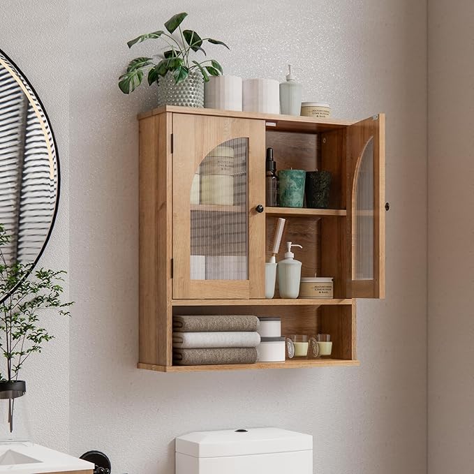 Bathroom Wall Cabinet, Bathroom Storage Cabinet Over Toilet, Medicine Cabinet with Arched Glass Doors & Adjustable Shelves, Wall Mounted Bathroom Cabinet with Open Storage Shelf, Natural