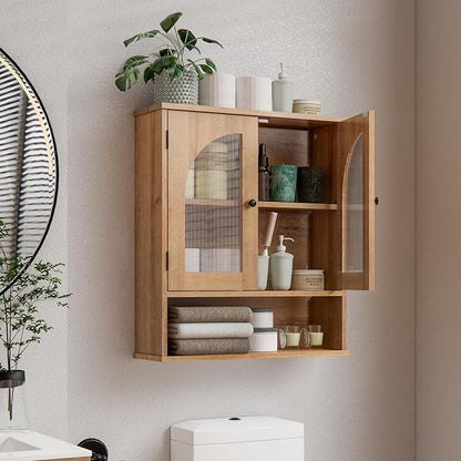 Bathroom Wall Cabinet, Bathroom Storage Cabinet Over Toilet, Medicine Cabinet with Arched Glass Doors & Adjustable Shelves, Wall Mounted Bathroom Cabinet with Open Storage Shelf, Natural