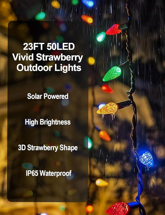 2 Pack Solar Christmas Lights Outdoor Waterproof C6 Strawberry LED String Lights 50 LEDs 23FT Solar Powered Fairy Lights for Garden Patio Yard Tree Wedding Holiday Decor