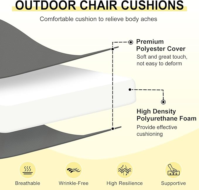 downluxe Outdoor Chair Cushions Set of 2 for Patio Furniture, Water-Resistant Patio Chair Cushions with Ties, High Density Foam Outdoor Seat Cushion, 17" X 16" X 2", Dark Grey