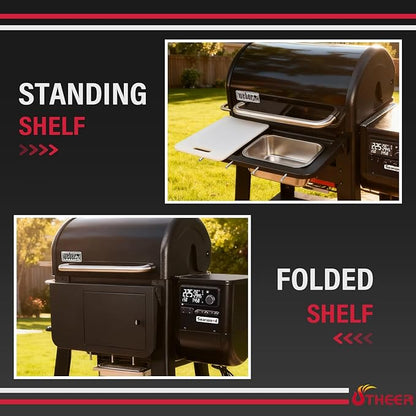 Utheer Front Folding Grill Table for Weber Searwood 600 – 23" x 12.5" Large Front Shelf with Stainless Steel Basin, Works Cutting Board, Lid & 5 Hooks, Heavy-Duty Weber Searwood 600 Accessories