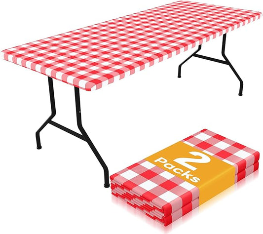 Smiry Picnic Table Cloth 2 Pack, Waterproof Elastic Fitted Tablecloths for 36x60 Rectangle Tables, Washable Polyester Buffalo Plaid Tablecloth for Camping, Dining & Outdoor (Red & White, 36" x 60")