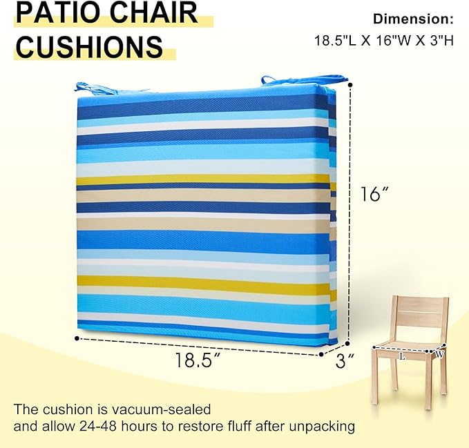 downluxe Outdoor Chair Cushions Set of 4 for Patio Furniture, Water-Resistant Square Corner Patio Chair Cushions with Ties, High Density Foam Outdoor Seat Cushion, 18.5" X 16" X 3", Blue Stripes