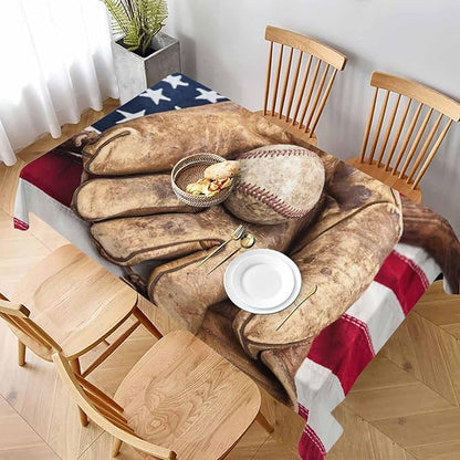 TKS MITLAN American Flag Tablecloth 60x84 Inch Rectangular Vintage Red Brown Baseball Bat Glove on USA Flag Oblong Table Cloth Kitchen Table Decorations for Home Dinner Party