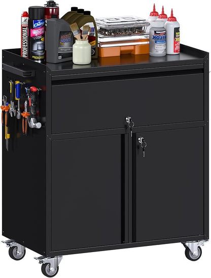 Aobabo Rolling Metal Garage Cabinet, Lockable Storage Cabinet with 1 Drawer, Pegboards, Hooks & Wheels, Heavy Duty Steel Utility Cabinet for Garage, Workshop, Home Office, Black, Assembly Required