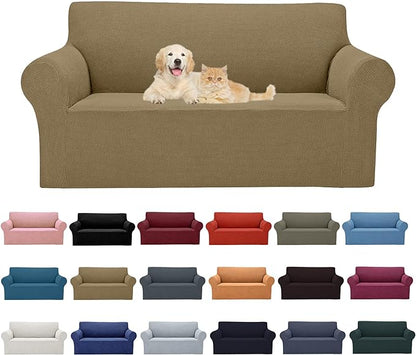 Cupuamon 2026 New Stretch Loveseat Sofa Slipcovers Couch Cover for 2 Cushion Furniture Protector Sofa Covers with Elastic Bottom Jacquard Fabric Small Checks for Pets, Kids - Tan