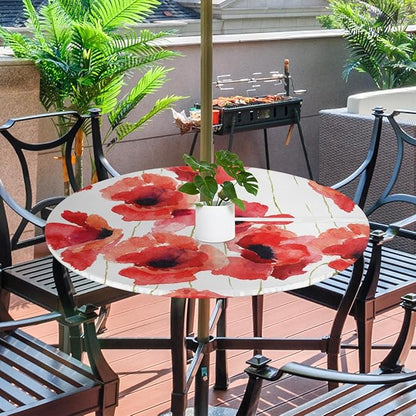 Fitted Round Tablecloth with Umbrella Hole and Zipper Red Flowers Outdoor Elastic Table Cloth 45"-56" Oil-Proof Waterproof Floral Patio Table Cover for Picnic Party