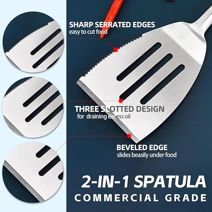 Heavy Duty Grilling Accessories Grill Tool Set 3-Piece Stainless Steel BBQ Utensils with Heat-Resistant Silicone Handle, Spatula, Tongs, Fork & Brush for Outdoor Cooking