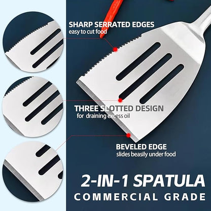 Heavy Duty Grilling Accessories Grill Tool Set 3-Piece Stainless Steel BBQ Utensils with Heat-Resistant Silicone Handle, Spatula, Tongs, Fork & Brush for Outdoor Cooking