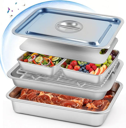 7-IN-1 Grill Prep & Carry System - Large Stainless Steel Prep Tray with Lid | Grill Accessories with 2 Marinating Containers, Cutting Board & Rack, Dishwasher-Safe Grilling Prep & Serve Set for BBQ Gifts