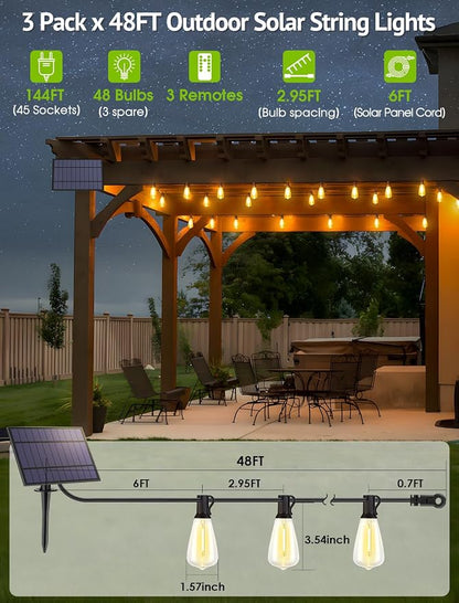 Larkvue 144FT(3x48FT) Solar Outdoor String Lights with Remote & Timer, Waterproof Dimmable Patio Lights with 45+3 ST38 LED Bulbs for Porch Party-Black
