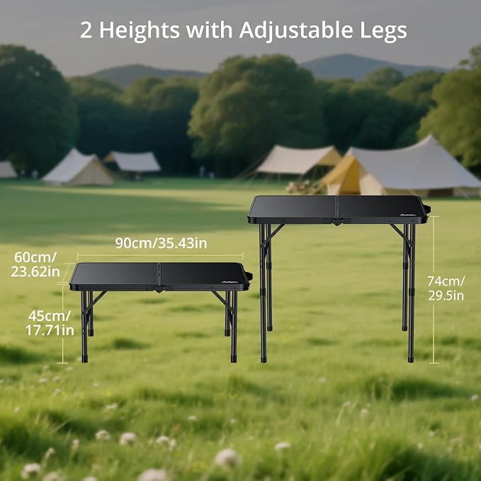 Anbte Folding Camping Table, 36" x 24" Picnic Table with Storage Net, Black | Adjustable Height Max 29.5 inch, Aluminum Alloy Small Folding Table, Lightweight, Portable Handle for Travel Outdoor Cooking
