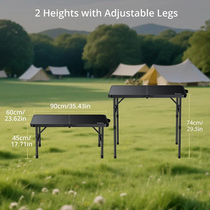 Anbte Folding Camping Table, 36" x 24" Picnic Table with Storage Net, Black | Adjustable Height Max 29.5 inch, Aluminum Alloy Small Folding Table, Lightweight, Portable Handle for Travel Outdoor Cooking