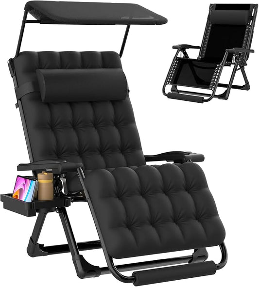Suteck Zero Gravity Chair with Canopy,33In XXL Oversized Lounge Chairs | w/Removable Cushion&Headrest, Upgraded Lock and Footrest, Folding Reclining Patio Chairs Recliner for Indoor Outdoor