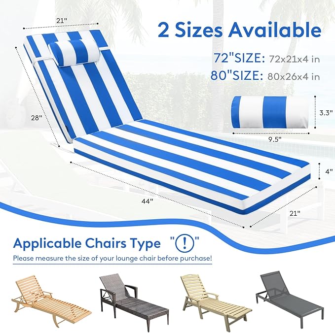 Chaise Lounge Cushion for Outdoor Furniture, Waterproof, Fade-Resistant and Tear Resistant, Patio Lounger Pads with Removable Cover for Pool, Deck, Lawn, 72x21x4 Inch, Blue & White Stripe