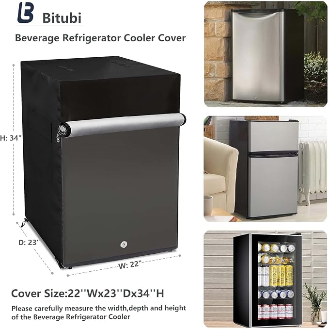 Bitubi Outdoor Refrigerator Cover,Mini Freezer Cover – Waterproof, Dustproof, Sun-Proof, 22" W x 23" D x 34" H. Suitable for most Compact Mini Freezer/Upright Freezer on market (Black)