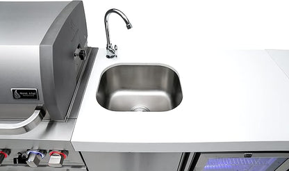 Mont Alpi 168"W Stainless Steel Deluxe Modular Outdoor Kitchen Island with Refrigerator Faucet & Sink + 3 Tap Kegerator Beer Dispenser + 32"W 4-Burner BBQ Grill + Granite Countertops + Storage + Cover