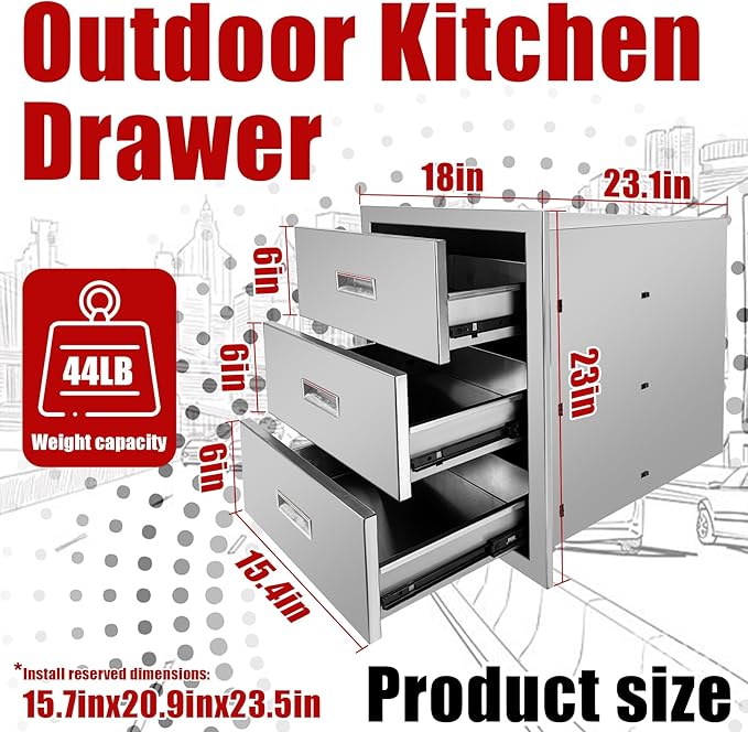 Outdoor Kitchen Triple Drawers 18'' W x 23'' H x 23.1'' D Stainless Steel BBQ Island Drawers with Handle Enclosed Built-in Flush Mount Drawer for Outdoor Kitchen Island Patio Grill Station