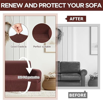 Peryiter 3 Pcs Couch and Loveseat Sofa Covers,Brown,Fleece | Armchair Covers for Living Room, Sofa Cushion Slipcover, Furniture Protector, Polyester and Spandex, Washable