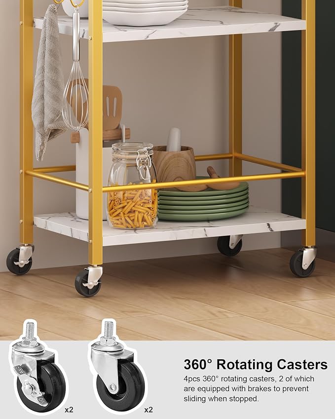 TUTOTAK Bar Cart with Wheels, Mini Drink Cart with Wine Rack & Glass Holder | 3-Tier 17 Inch Wide Home Bar Serving Carts, Small Mobile Kitchen Shelf with 6 Hooks, Marble Gold BC01BMG035