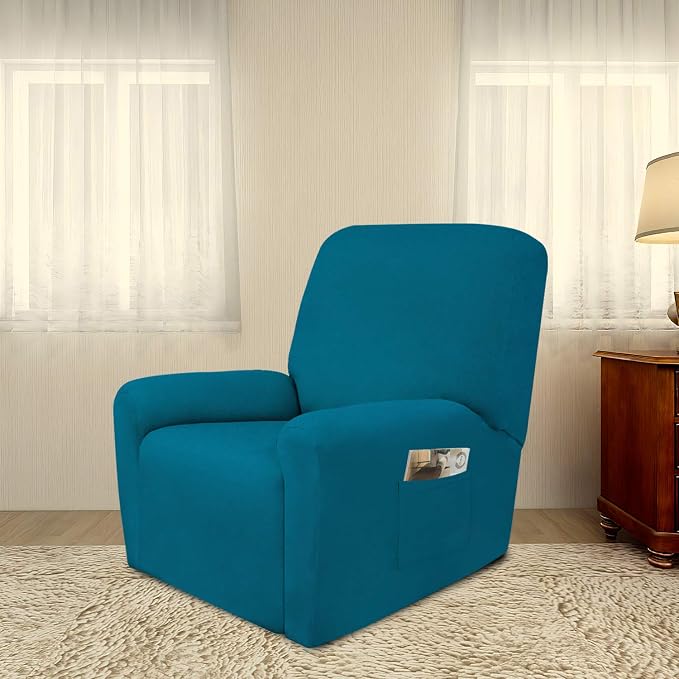 PureFit Stretc Recliner Chair Covers Fleece Soft Couch Covers for Sofa | Peacock Blue 4-Pieces Recliner Slipcover Pocket Couch Protector, Fleece Sofa Cover Washable with Non Slip Elastic Bottom