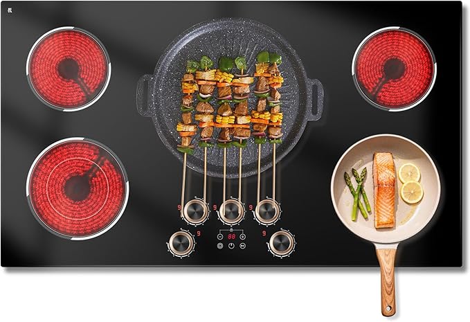 36 Inch Electric Cooktop 220V, 9200W Powerful 5 Burner Electric Stove Top, Built-in Ceramic Cooktop 36" with Dual/Triple Ring Burner, Knob & Touch Control, Safety Lock, 220-240V Hard Wire