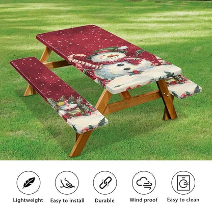 3 PCS Fitted Picnic Table Cover with Bench Cover Fitted Rectangle Tables and Seats Christmas Candy Snowman Outdoor Picnic Table Cover for Camping Red