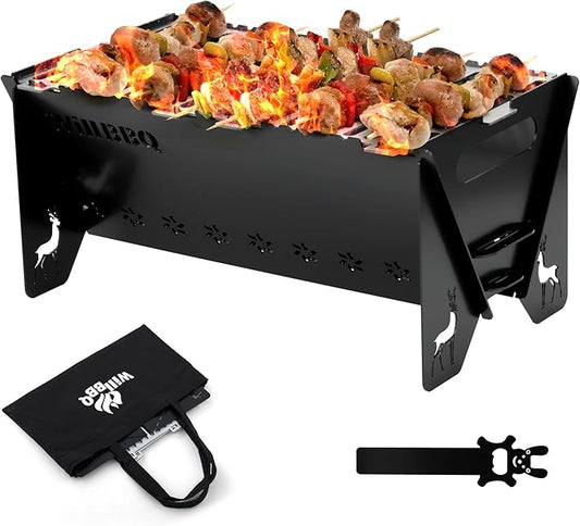 WILLBBQ Charcoal Grills Quality Portable Detachable Folding,Skewers Campfire Grill,Hibachi Backpacking BBQ Grill,Easy Portability For Outdoor Barbecues Camping Picnics Garden Party(15.8x8.5x7.5 inch)