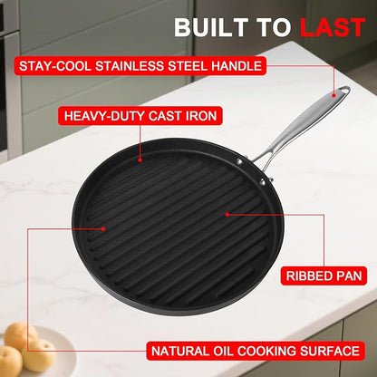 12 Inch Cast Iron Grill Pan with Stainless Steel Handle, Pre-Seasoned Round Ribbed Skillet for Stovetop, Oven & Grill, Perfect for Steak, Burgers, Indoor & Outdoor BBQ