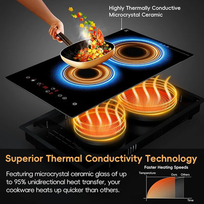2 Burner Electric Cooktop 110V, 1800W Electric Stove Top 12 Inch, Plug in | Radiant Ceramic, Two Burner Electric Cooktop, Countertop & Built-in Stove, Touch Control, 9 Level Power, Timer, Safety Lock