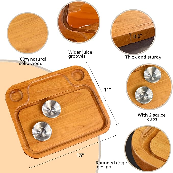 MAVOTER Wooden Steak Plates include 2 Sauce Cups, Wood Steak Board Set Serving Tray for Food Meat Cutting Board with Juice Groove, Charcuterie Board Platter for Home