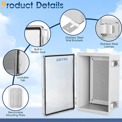 Waterproof Outdoor Project ABS Plastic Junction Box IP67 Weatherproof Dustproof Enclosure with Hinged Cover, Mounting Plate,Wall Brackets for Power Project (Clear, 11"x7.5"x5.5")