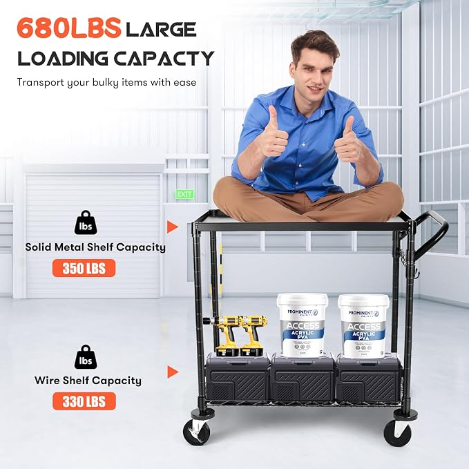 680Lbs Capacity Heavy Duty Rolling Utility Cart,2 Tier Rolling Carts with Wheels,Commercial Grade Metal Cart with Handle Bar & Shelf Liner,Trolley Serving Cart for Restaurant,Kitchen,Black