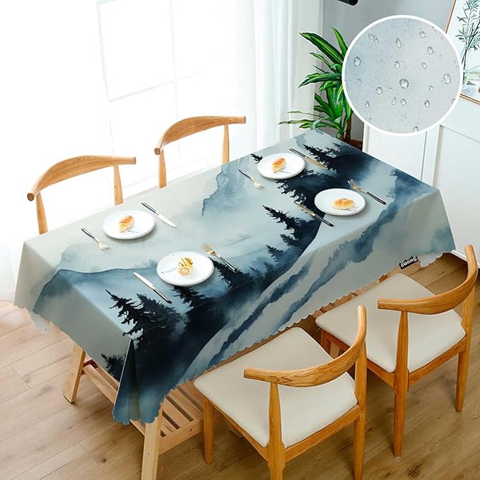 Swono Foggy Mountain 52"X70" Oblong Table Cloth Misty Forest Tree Hills Landscape Wrinkle Free Table Cover Farmhouse Tablecloth for Home Restaurant Picnic Indoor Outdoor Dining, Blue