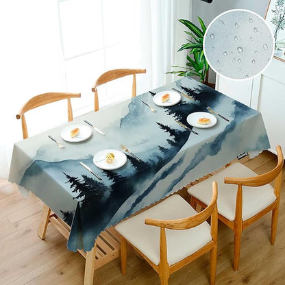 Swono Foggy Mountain 52"X70" Oblong Table Cloth Misty Forest Tree Hills Landscape Wrinkle Free Table Cover Farmhouse Tablecloth for Home Restaurant Picnic Indoor Outdoor Dining, Blue
