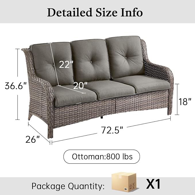 Outdoor Couch All Weather PE Wicker Patio Sofa Outdoor Sofa Deep Seating for Porch Deck Backyard-Brown/Grey