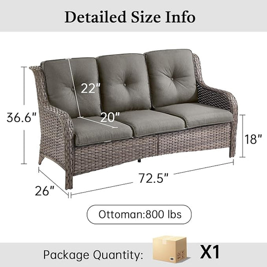 Outdoor Couch All Weather PE Wicker Patio Sofa Outdoor Sofa Deep Seating for Porch Deck Backyard-Brown/Grey