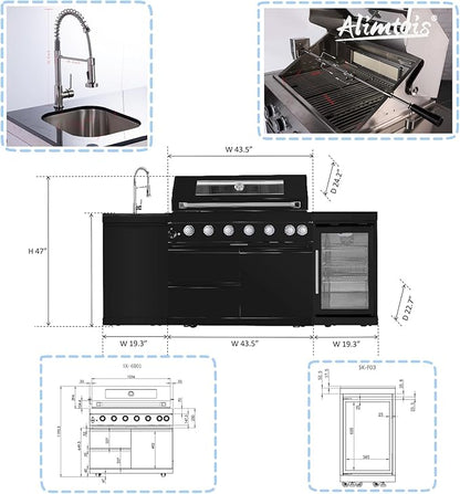 82-Inch 6-Burner 85000 BTU Deluxe Stainless Steel Gas BBQ Island Outdoor Kitchen with Wine Cooler, Rotisserie Kit, Granite Countertops & Stainless Steel Sink - Modular Outdoor Kitchen