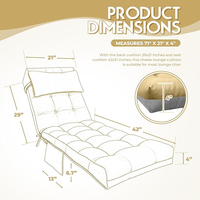 Outdoor Chaise Lounge Chair Cushion, Waterproof Outdoor Chair Cushions for Patio Furniture, 71 x 21 x 4 Inches Replacement Chaise Lounge Cushion with Ties (Khaki)