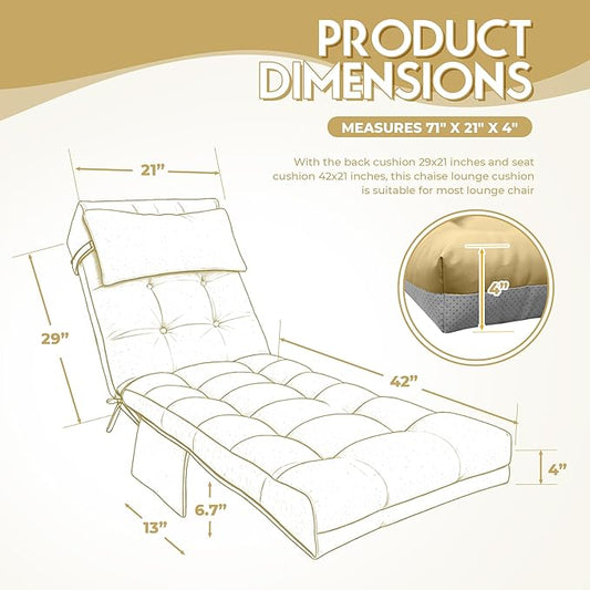 Outdoor Chaise Lounge Chair Cushion, Waterproof Outdoor Chair Cushions for Patio Furniture, 71 x 21 x 4 Inches Replacement Chaise Lounge Cushion with Ties (Khaki)