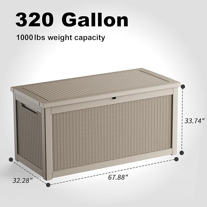 320 Gallon Outdoor Storage Box Waterproof, Resin Lockable Deck Box with Lid, Large Capacity Weatherproof Container for Patio Furniture Pool Accessories, Cushions(Grey, 320 Gallon)