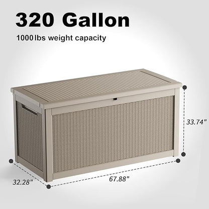 320 Gallon Outdoor Storage Box Waterproof, Resin Lockable Deck Box with Lid, Large Capacity Weatherproof Container for Patio Furniture Pool Accessories, Cushions(Grey, 320 Gallon)